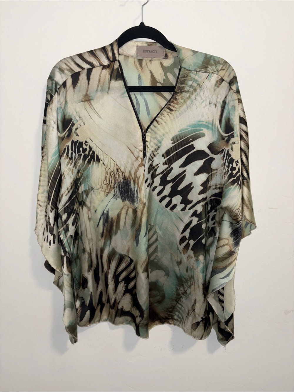 Printed V-Neck Zip-Tunic in Seafoam and Cream Made in France size Large